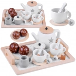 Houten theeset met sterretjes, beige‑wit, op dienblad
