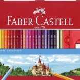 Houten zeshoekige kleurpotloden FABER-CASTELL 48 stuks in blikken etui met puntenslijper, gum en grafietpotloden
