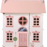 houten poppenhuis met roze dak en accessoires