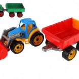 Kleurrijke plastic tractor met lader en aanhanger