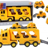 Gele vrachtwagen voor transport van bouwvoertuigen