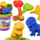 Zandset met dinosaurusvormpjes – emmer, schep en hark