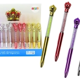 Balpen met kroontje en glinsterende steentjes, blauwe inkt 0,7 mm, mix van kleuren