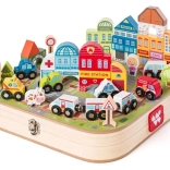 Houten treinbaan en stad in een koffertje