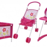 3-delige poppenset – buggy, kinderstoel en reisbedje Bloemen