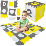 Humbi grote educatieve foam speelmat 3-in-1 met box XXL, puzzel 30 × 30 cm – cijfers en vormen, grijs/wit/geel