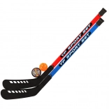 Set van hockeysticks voor veldhockey met een floorbalbal en puck