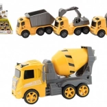 Kunststof bouwvoertuigje met vliegwiel 10 cm – 3 soorten, doos 12 stuks