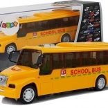 Schoolbus met aanhoudende lichten en geluiden, deuren die opengaan