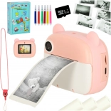 Kinder instantcamera met thermische printer – roze teddybeer, 32 GB kaart