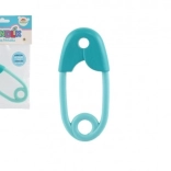 Plastic turquoise rammelaar voor kinderen in de vorm van een speld