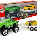 Voertuigenset - gele sportauto, groene terreinwagen met wrijvingsaandrijving