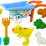 Zandset dinosaurus: kruiwagen, schep, hark, gieter en 6 vormpjes