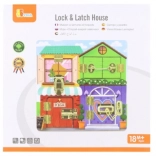 Houten Montessori activiteitenbord huisje met sloten en grendels