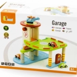 Houten garage met autootjes en helikopter