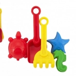 Plastic zandset met schep, harkje en vormpjes in netje