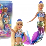 Zeemeerminpop met lang blond haar en een geschubde staart